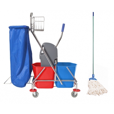 Wózek do sprzątania chromowany dwuwiaderkowy 2x17 l z koszykiem, uchwytem na worek i mopem płaskim sznurkowym